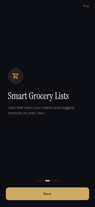 Housabl onboarding screen introducing Smart Grocery Lists